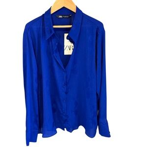 Zara Cobalt Blue Button-Front Blouse | Size XL